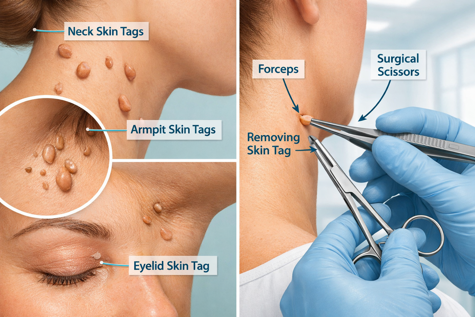 Detailed () editorial illustration showing a close-up split-view comparison: left side shows various skin tags on different