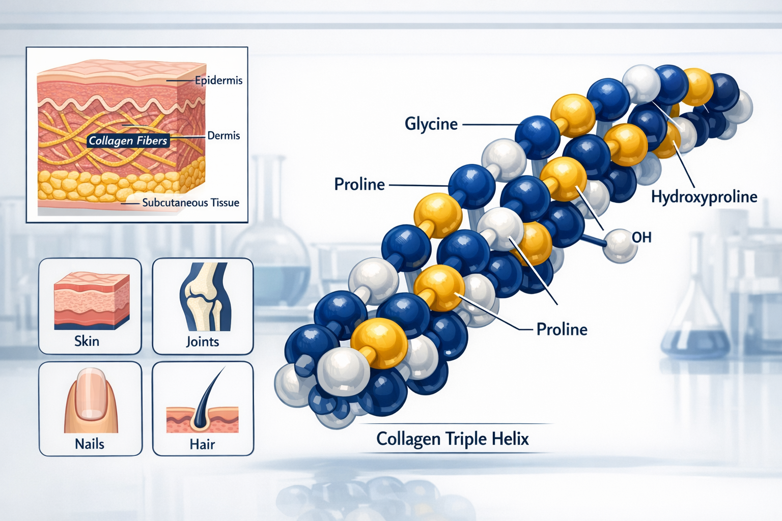 Detailed () editorial illustration showing a molecular diagram of collagen peptide chains (triple helix structure) with