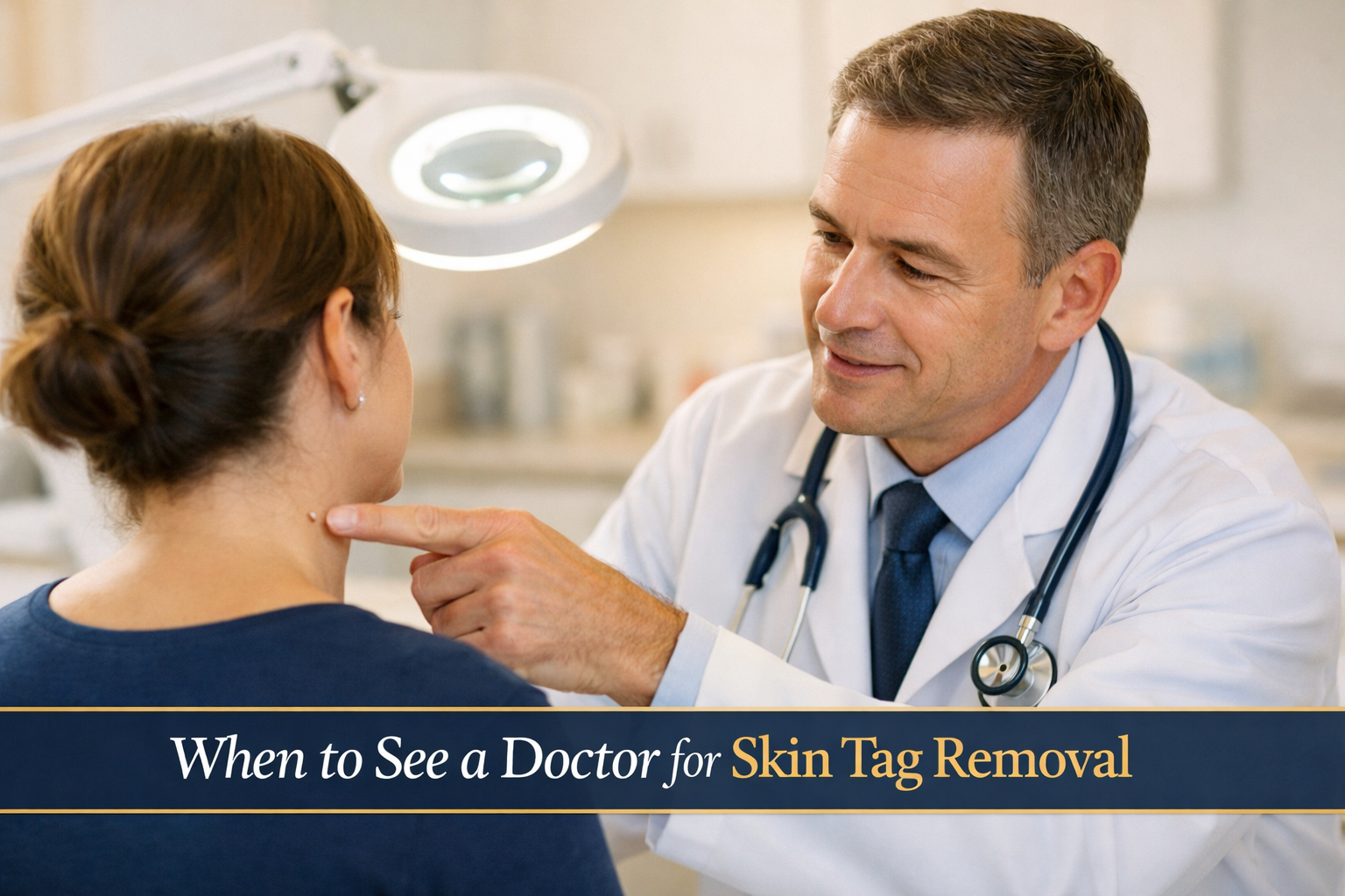 Detailed () image showing a close-up of a board-certified surgeon in a bright outpatient clinic consulting with a seated