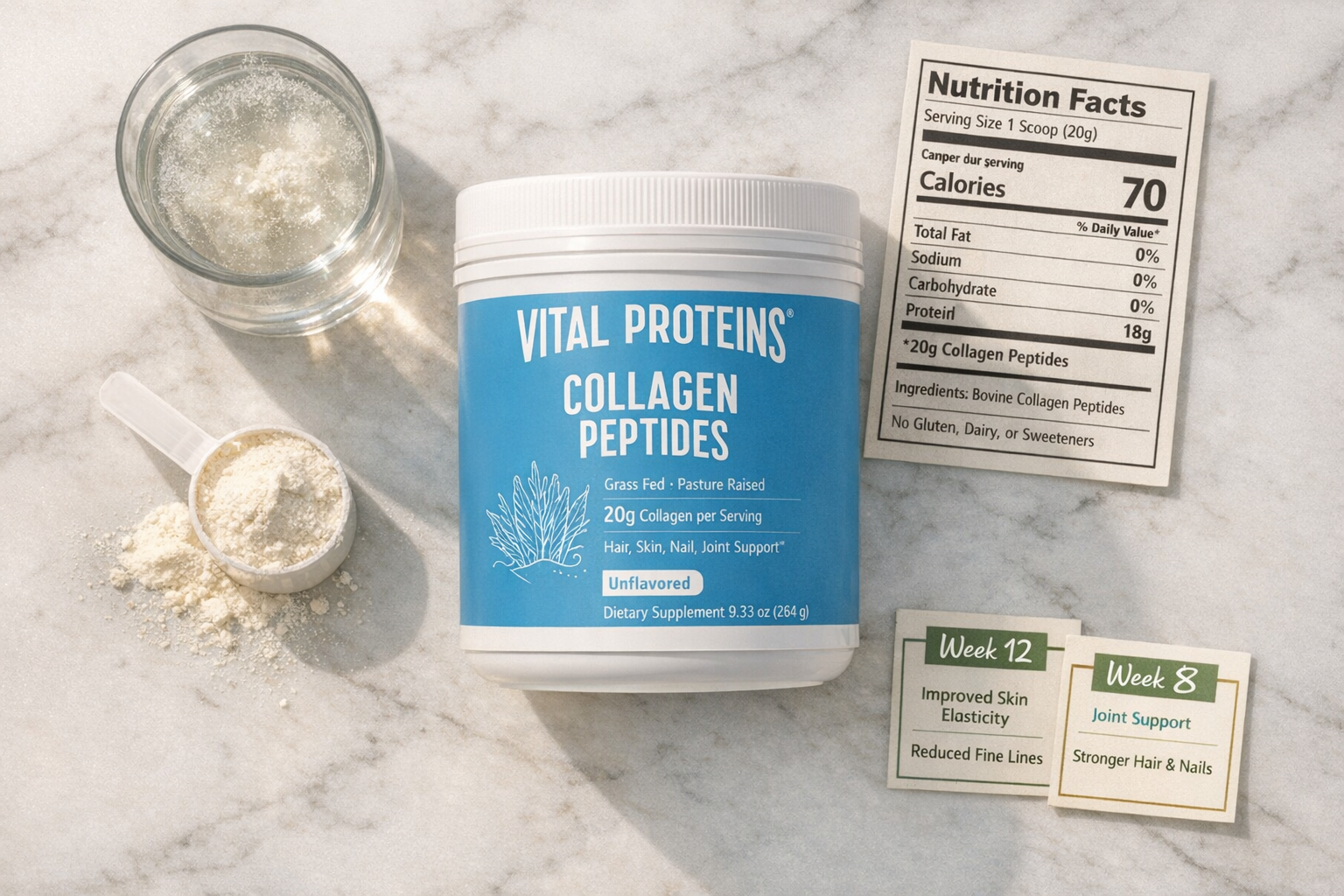 Detailed () product comparison flat-lay photograph showing a white Vital Proteins collagen peptides tub from above on a
