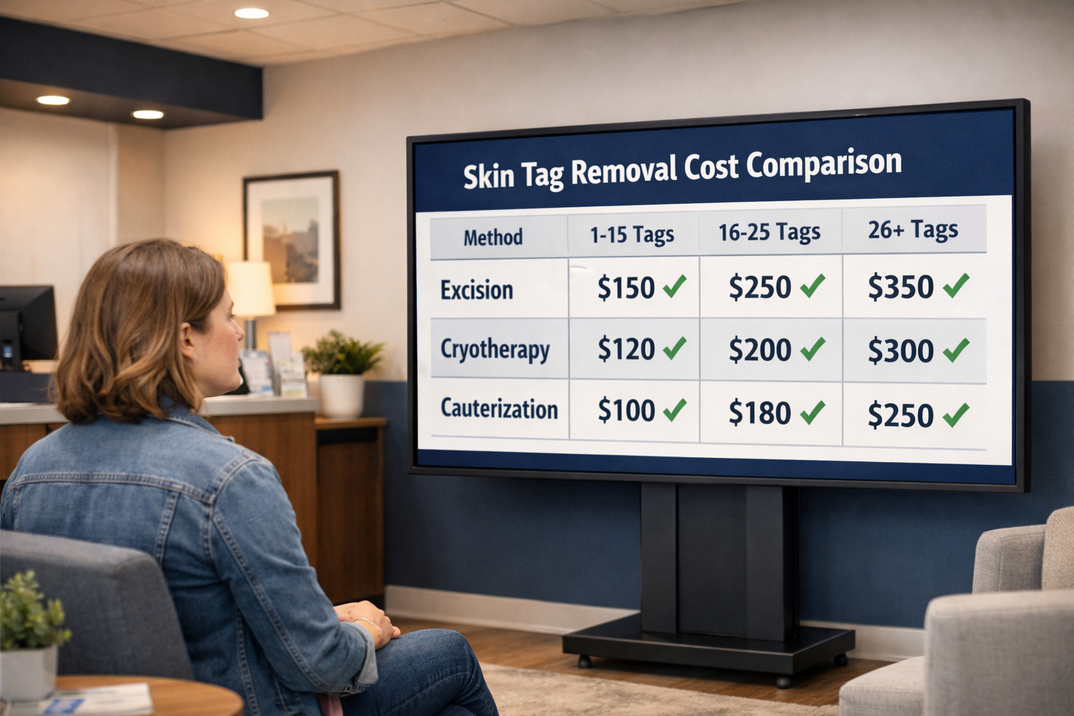 Detailed () showing a cost comparison infographic in a modern clinic waiting room setting. A large display board or tablet