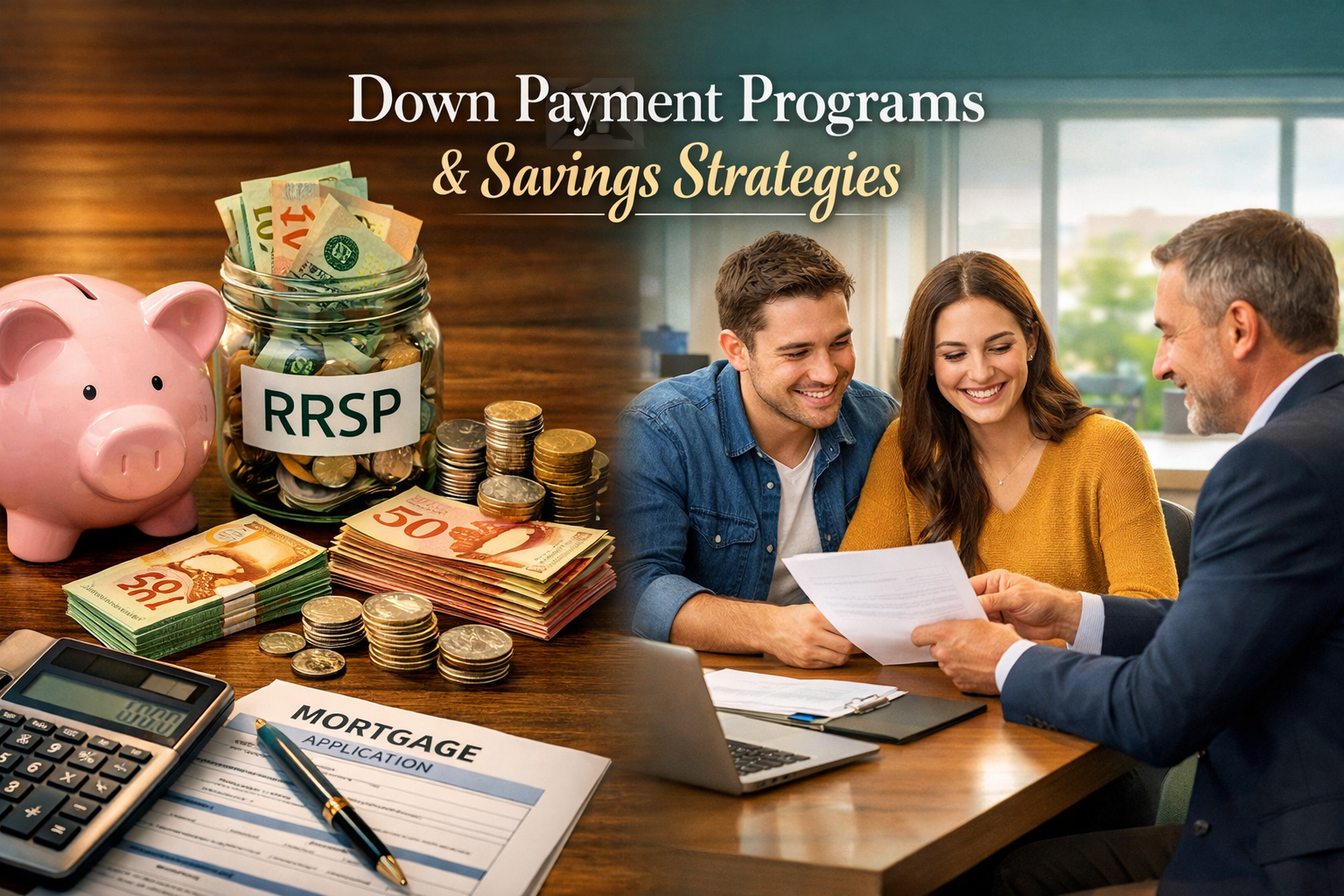 Detailed () showing a split-scene comparison image: on the left, a piggy bank and RRSP savings jar with Canadian currency