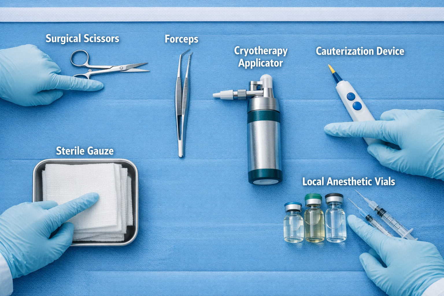 Detailed () showing an overhead flat-lay of a dermatology procedure tray with labeled instruments: surgical scissors,