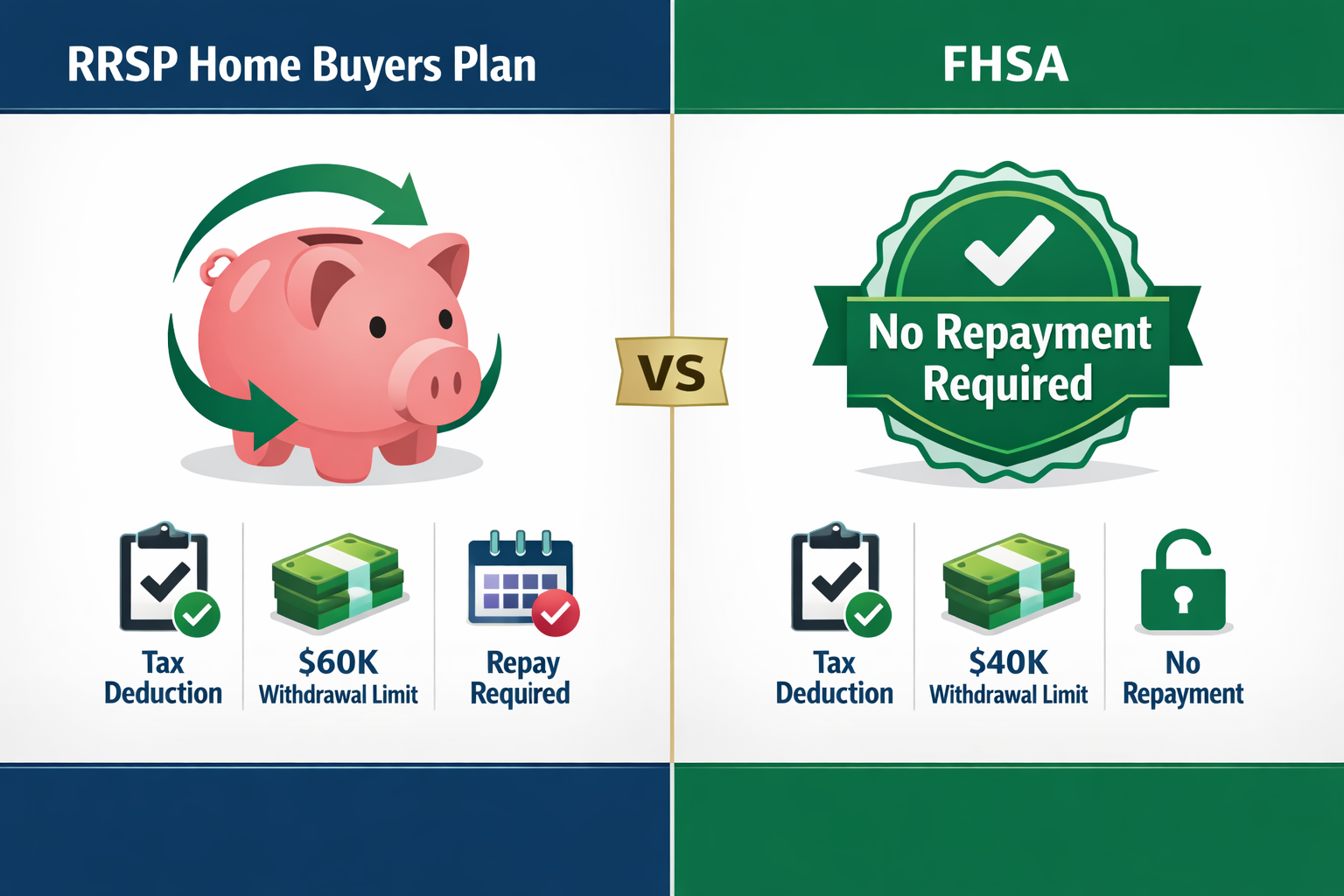 Detailed () side-by-side comparison visual: left panel labeled 'RRSP Home Buyers Plan' showing a piggy bank with repayment