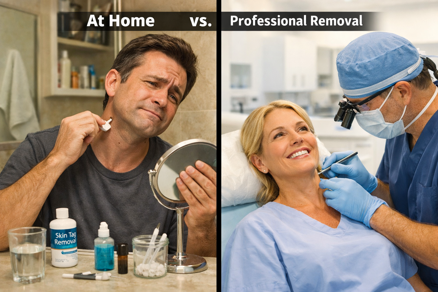 Detailed () split-scene comparison image: left side shows a person attempting DIY skin tag removal at home with an OTC kit