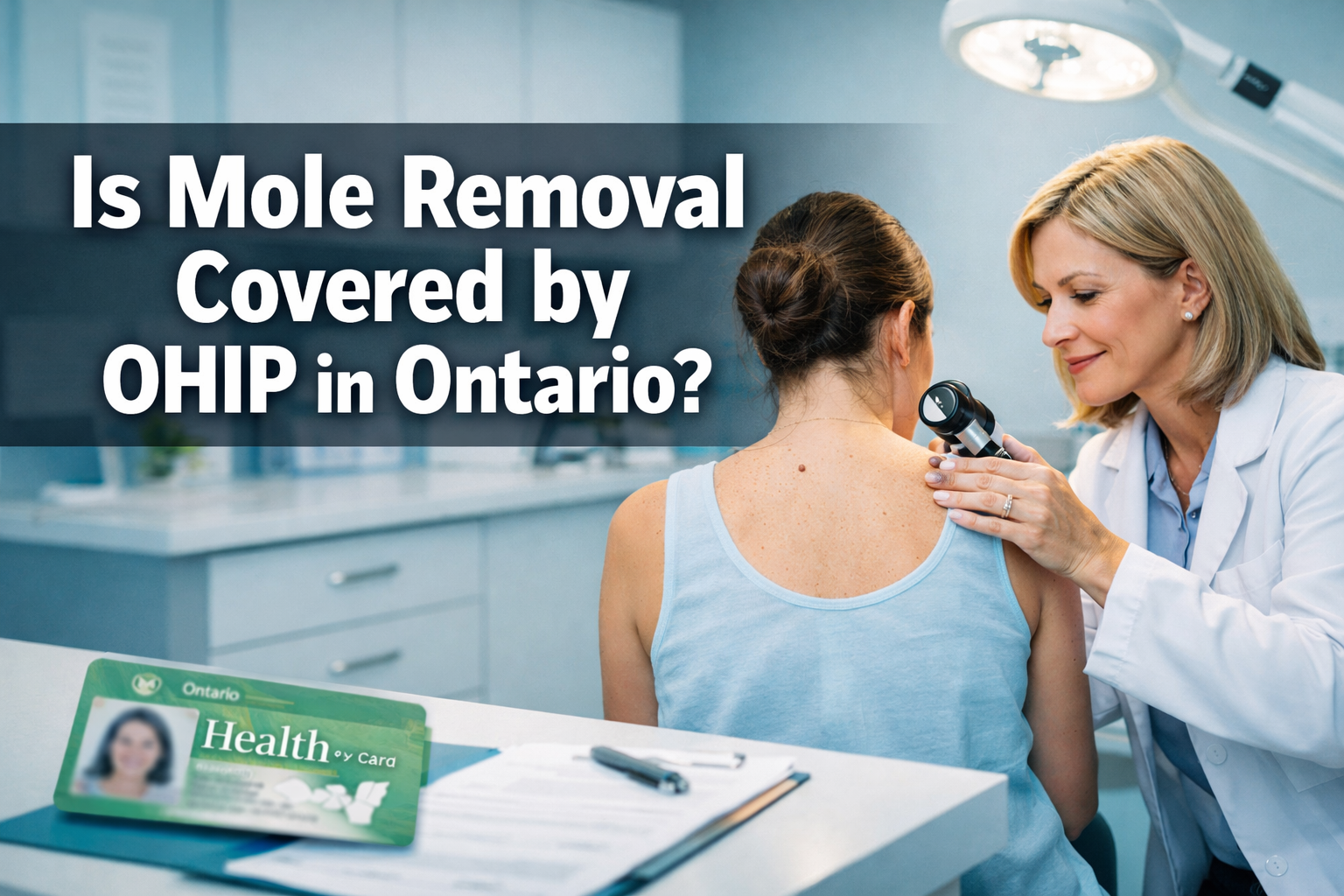 Professional () hero image featuring 'Is Mole Removal Covered by OHIP in Ontario?' in extra large white with deep effect,