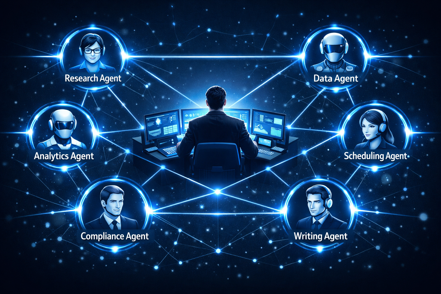 Wide-angle () illustration showing a human employee at the center of a digital command hub, six distinct AI agent avatars