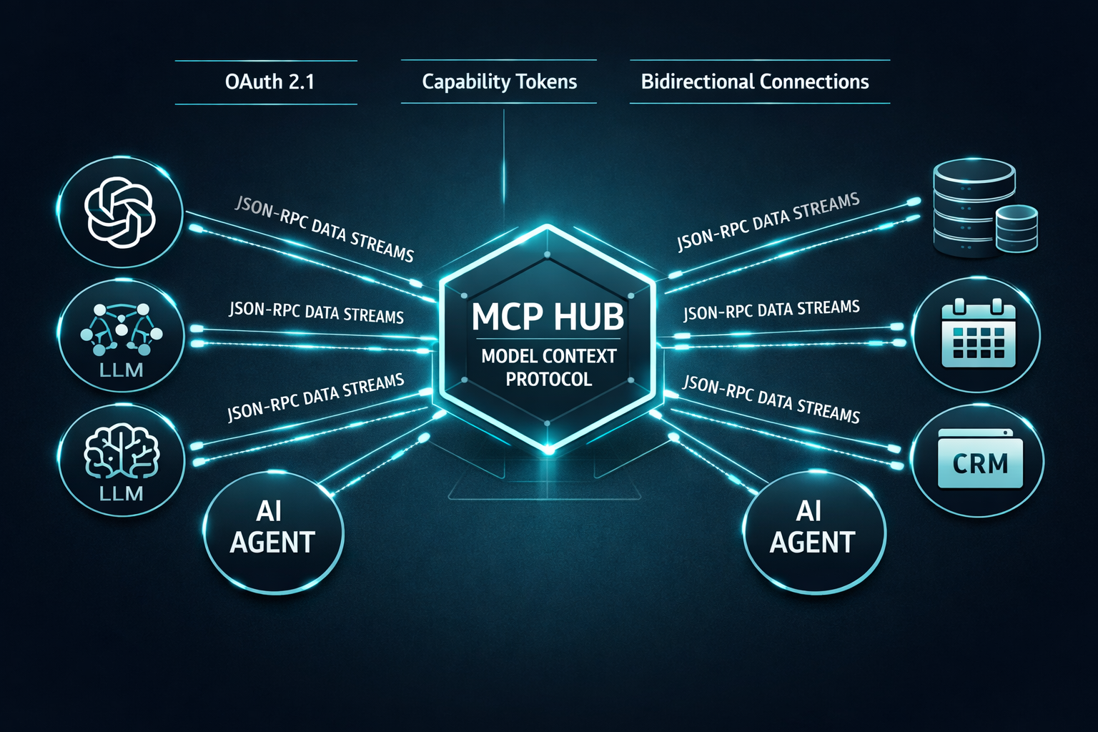 Wide () technical diagram illustration showing the Model Context Protocol architecture: a central MCP hub node connected to