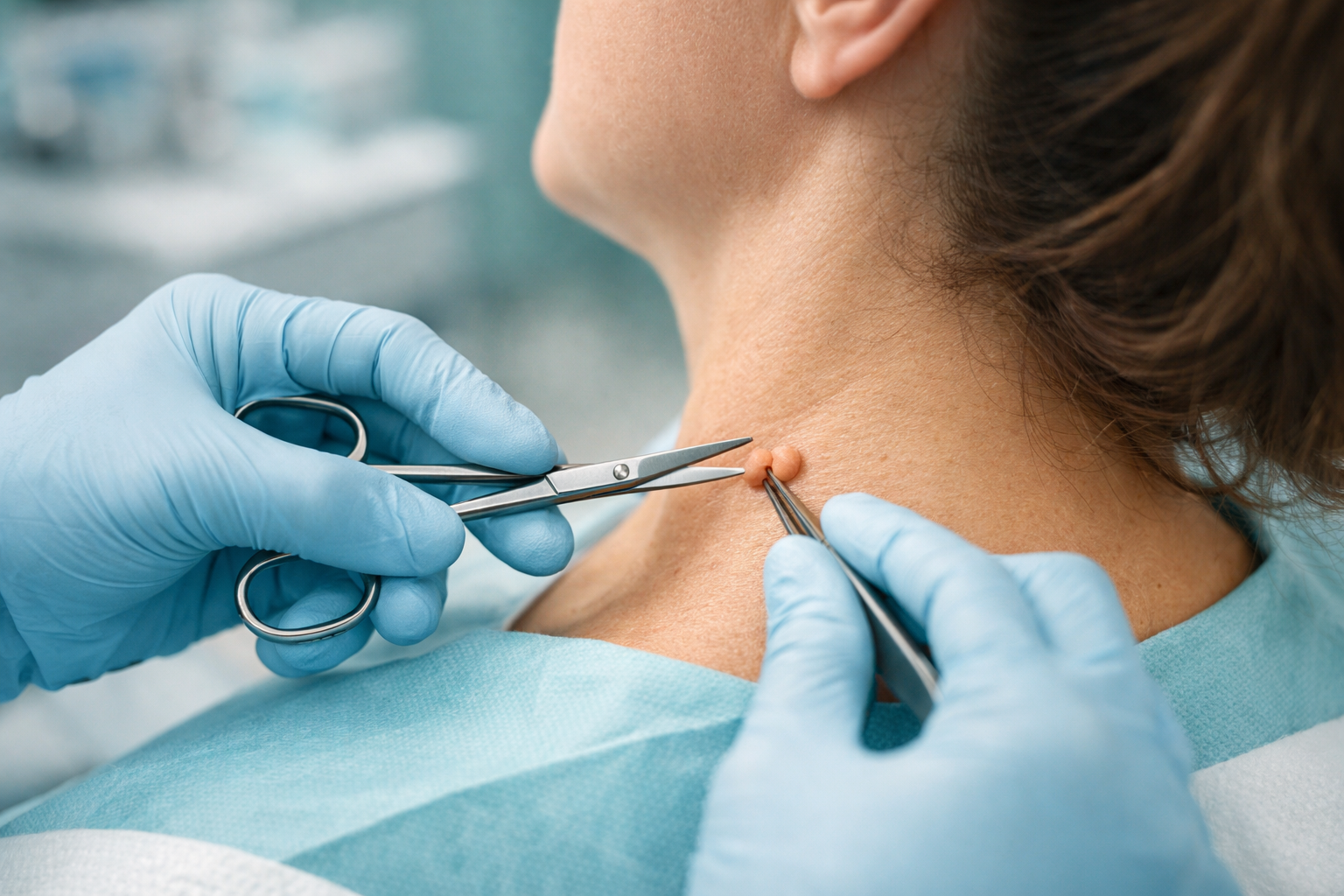 () close-up overhead shot of a dermatologist's gloved hands using small surgical scissors to remove a skin tag from a