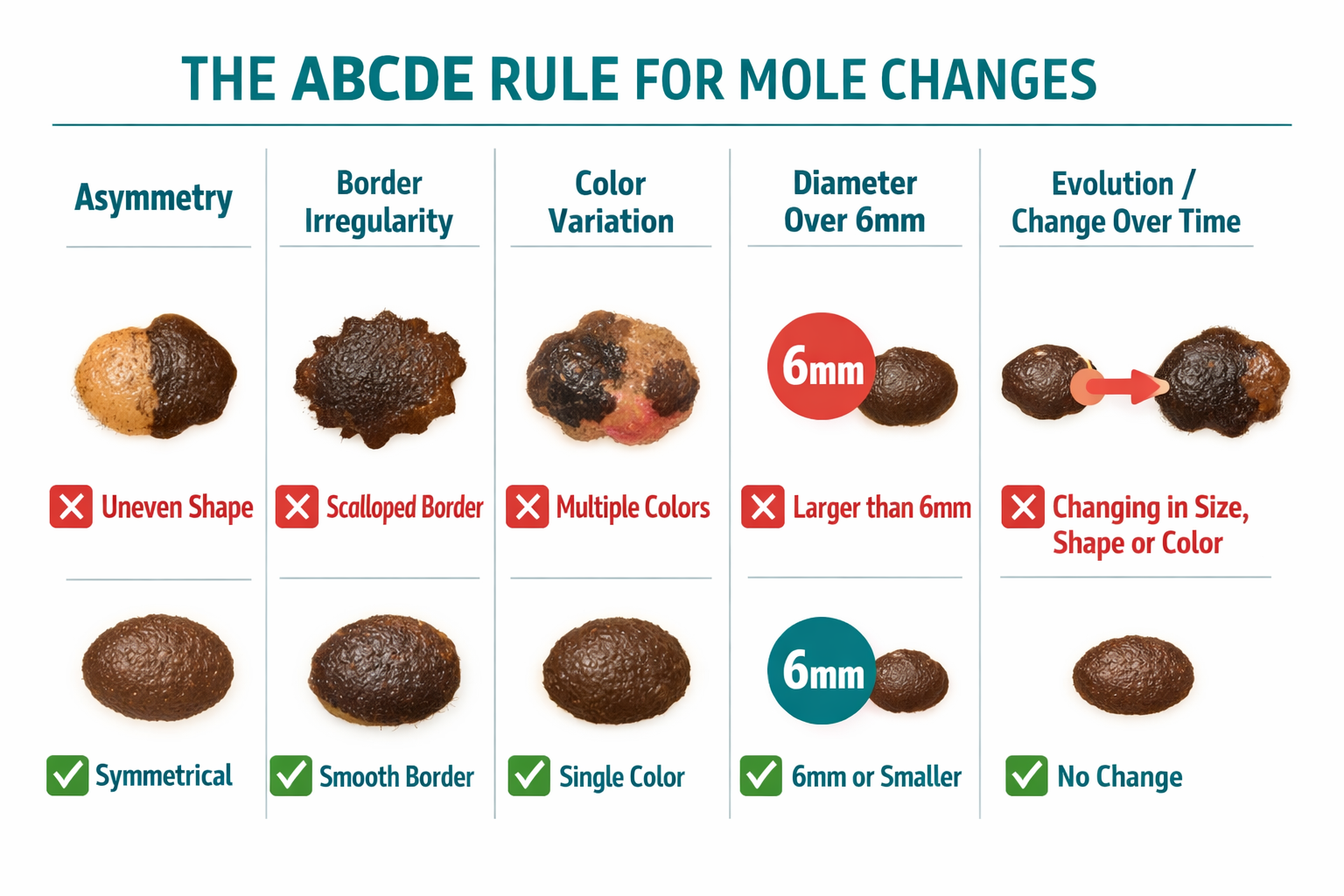 () comparison chart graphic showing the ABCDE rule for mole changes with five illustrated mole examples side by side: