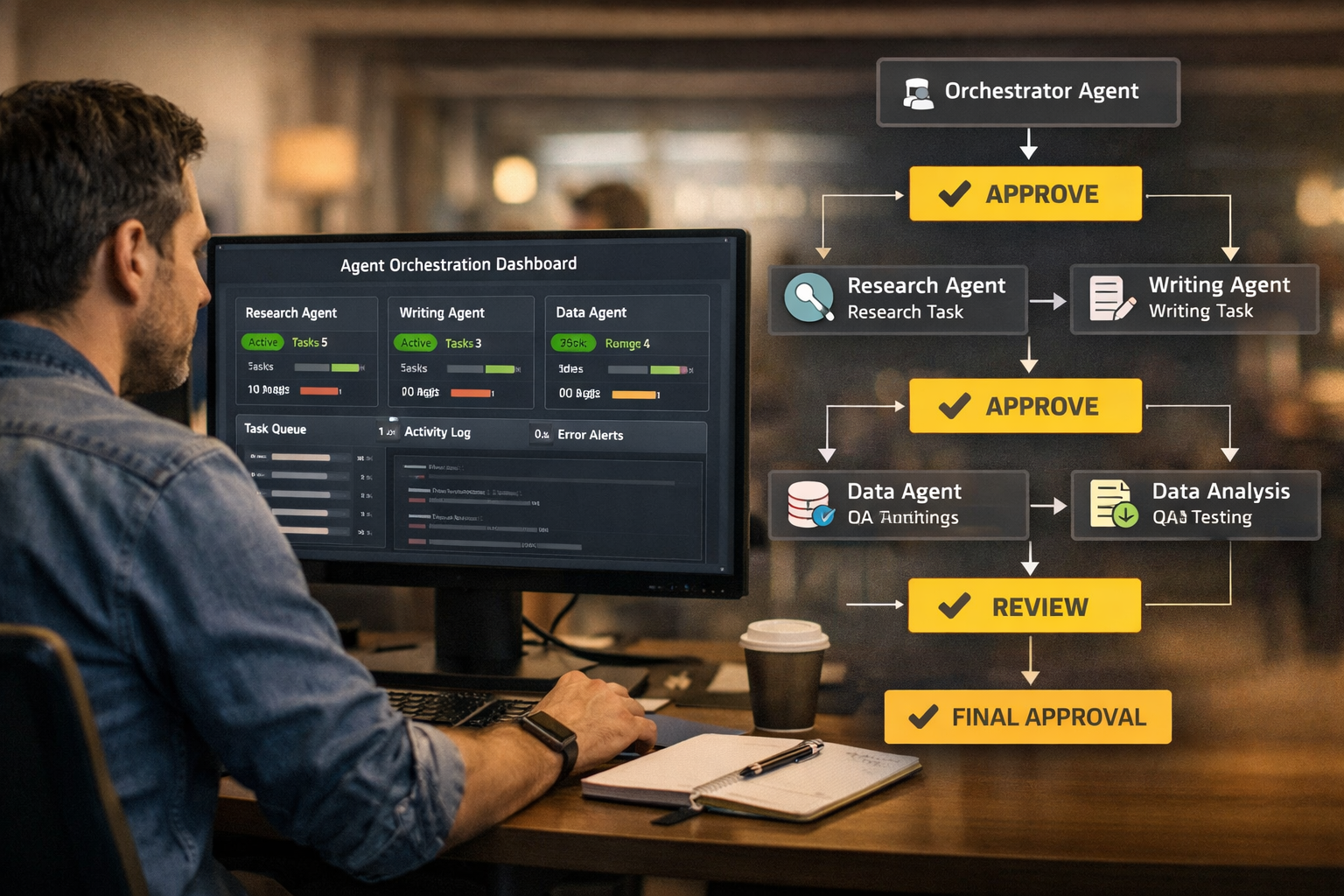 () depicting an AI agency team workflow: left side shows a human strategist at a monitor reviewing an agent orchestration