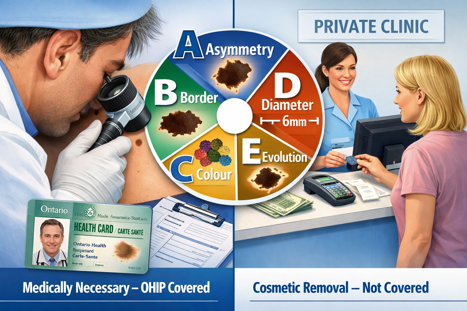() editorial illustration showing a split-screen comparison: left side depicts a doctor reviewing a suspicious mole under a