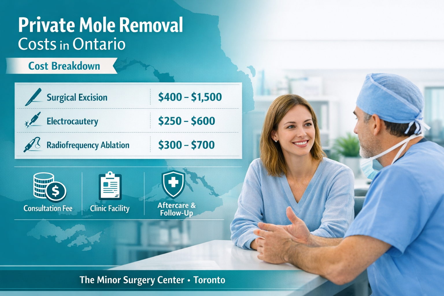 () editorial infographic-style image showing a professional cost breakdown table for private mole removal in Ontario, with