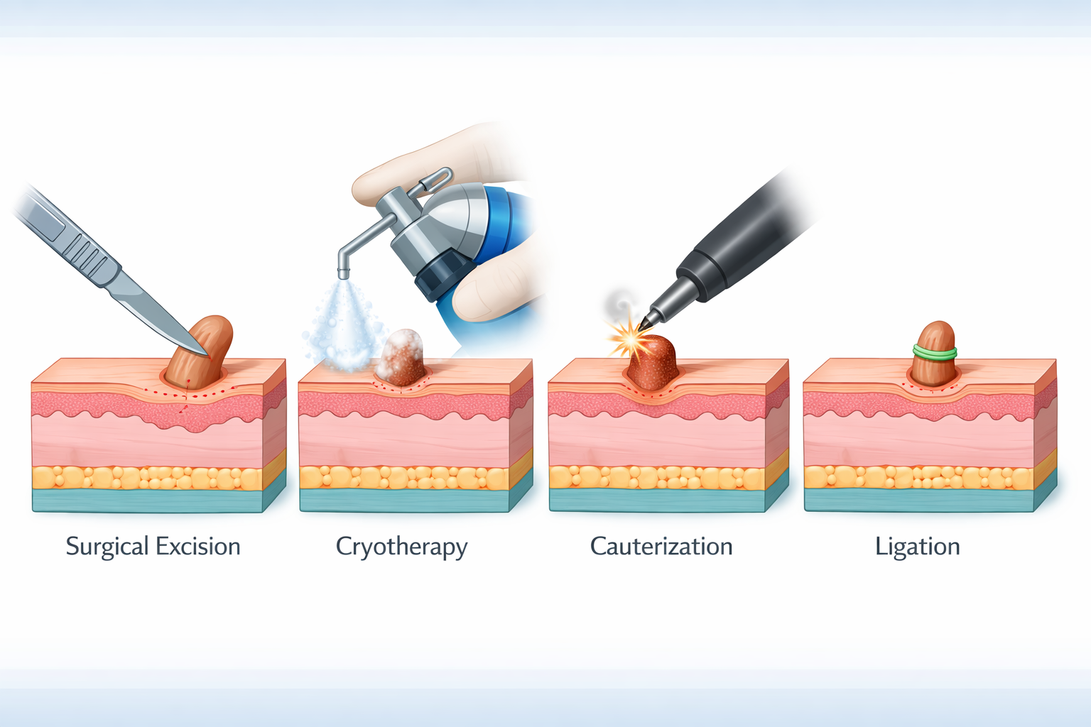 () educational illustration showing four skin tag removal methods side by side: surgical excision with scalpel, cryotherapy