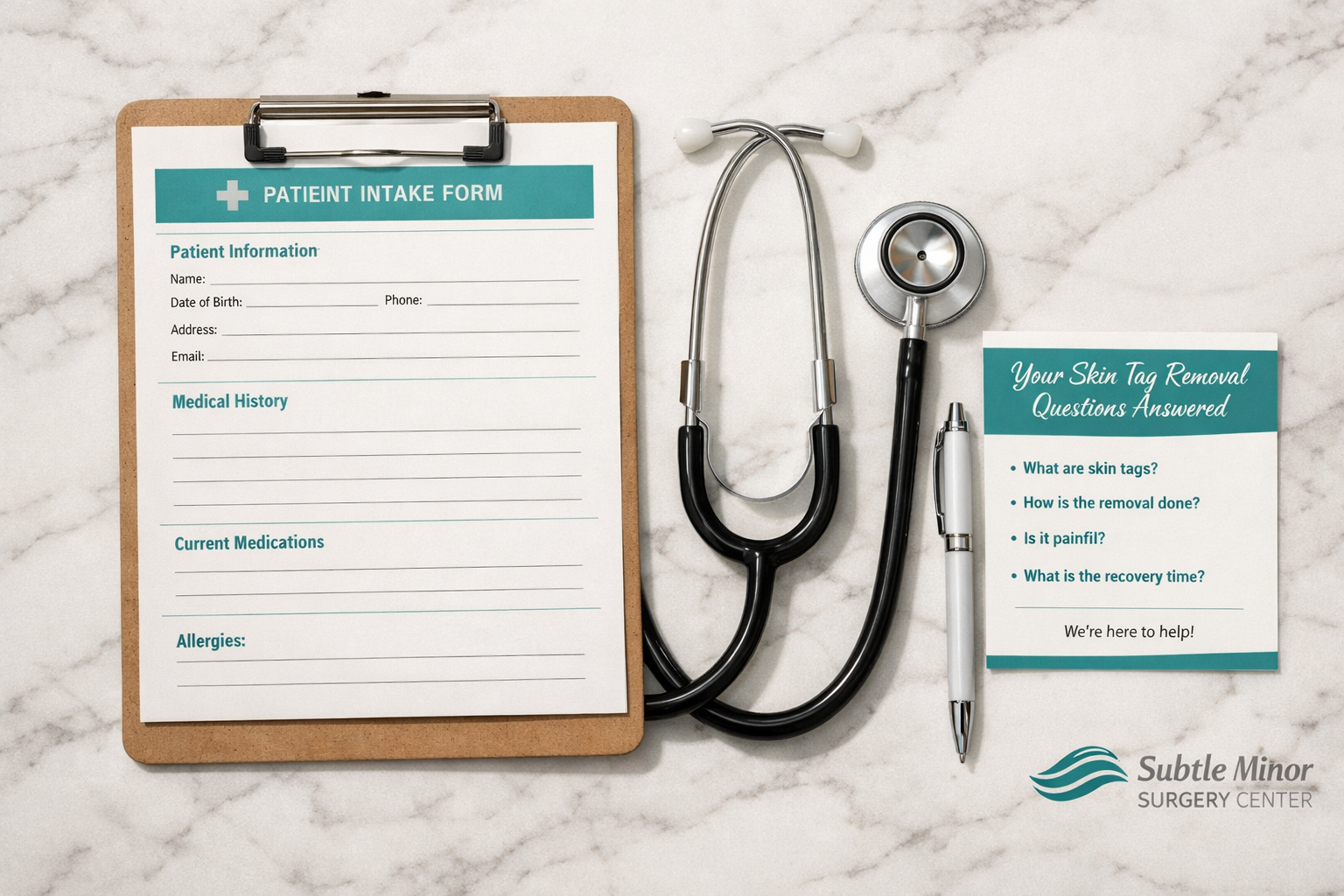() overhead flat-lay image of a patient intake form on a clipboard beside a stethoscope, pen, and small printed FAQ card