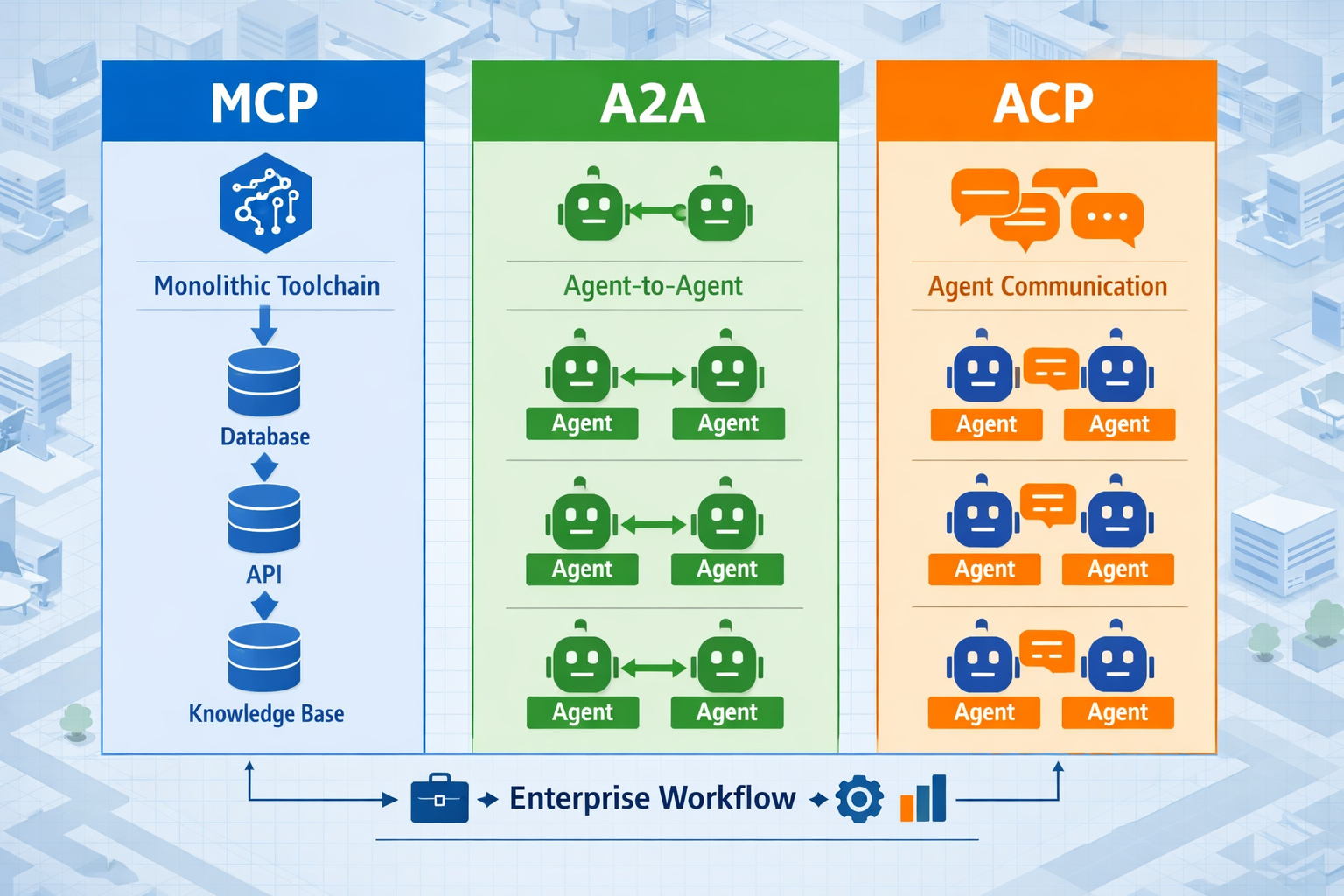 () showing a bird's-eye view comparison table visualization of three AI agent protocols: MCP (vertical tool connections