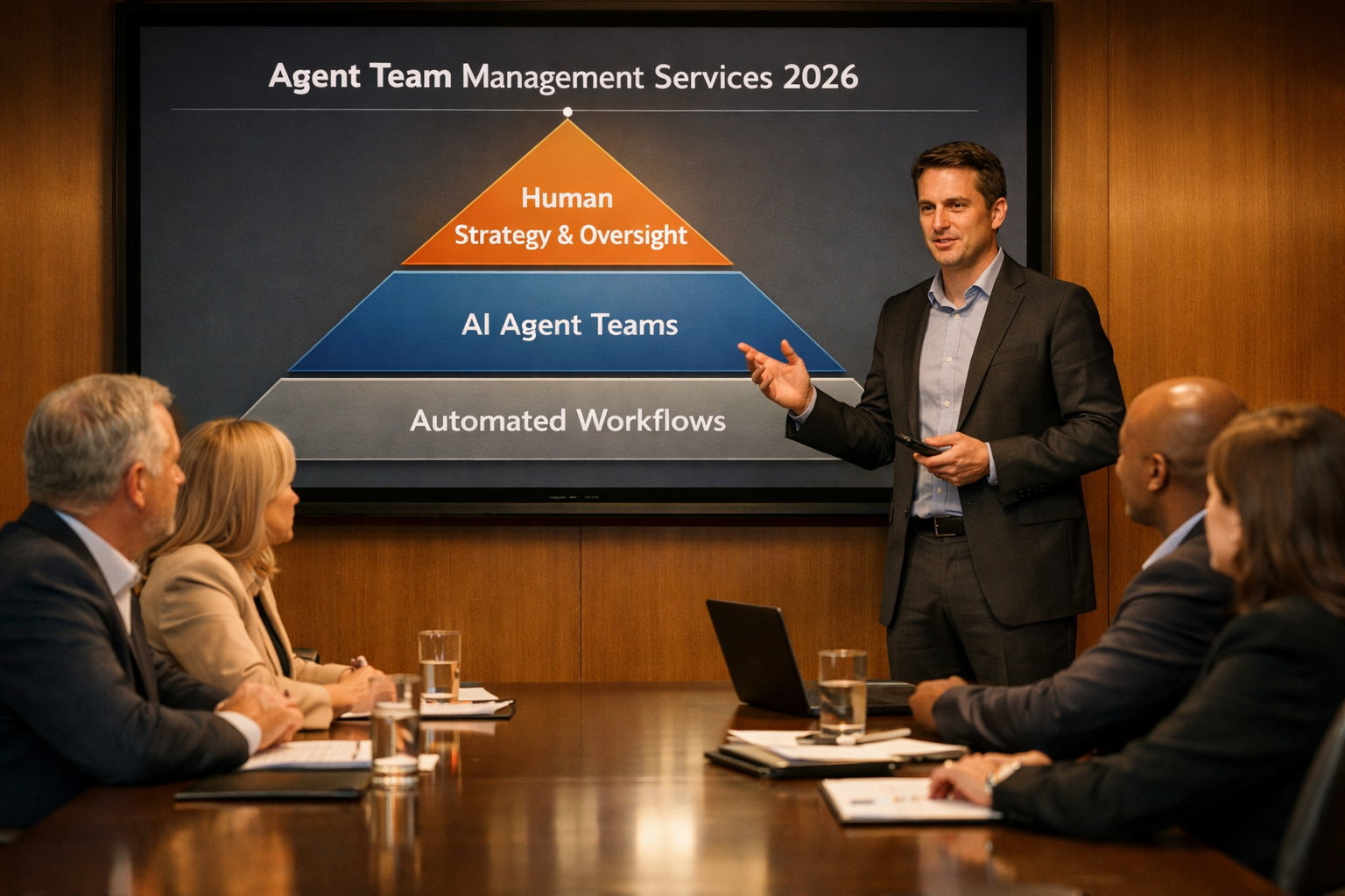 () showing a boardroom presentation scene where an AI agency consultant presents a structured framework diagram on a large