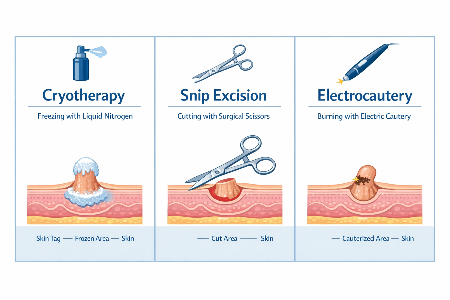 () split-panel infographic illustration showing three professional skin tag removal methods side by side: cryotherapy
