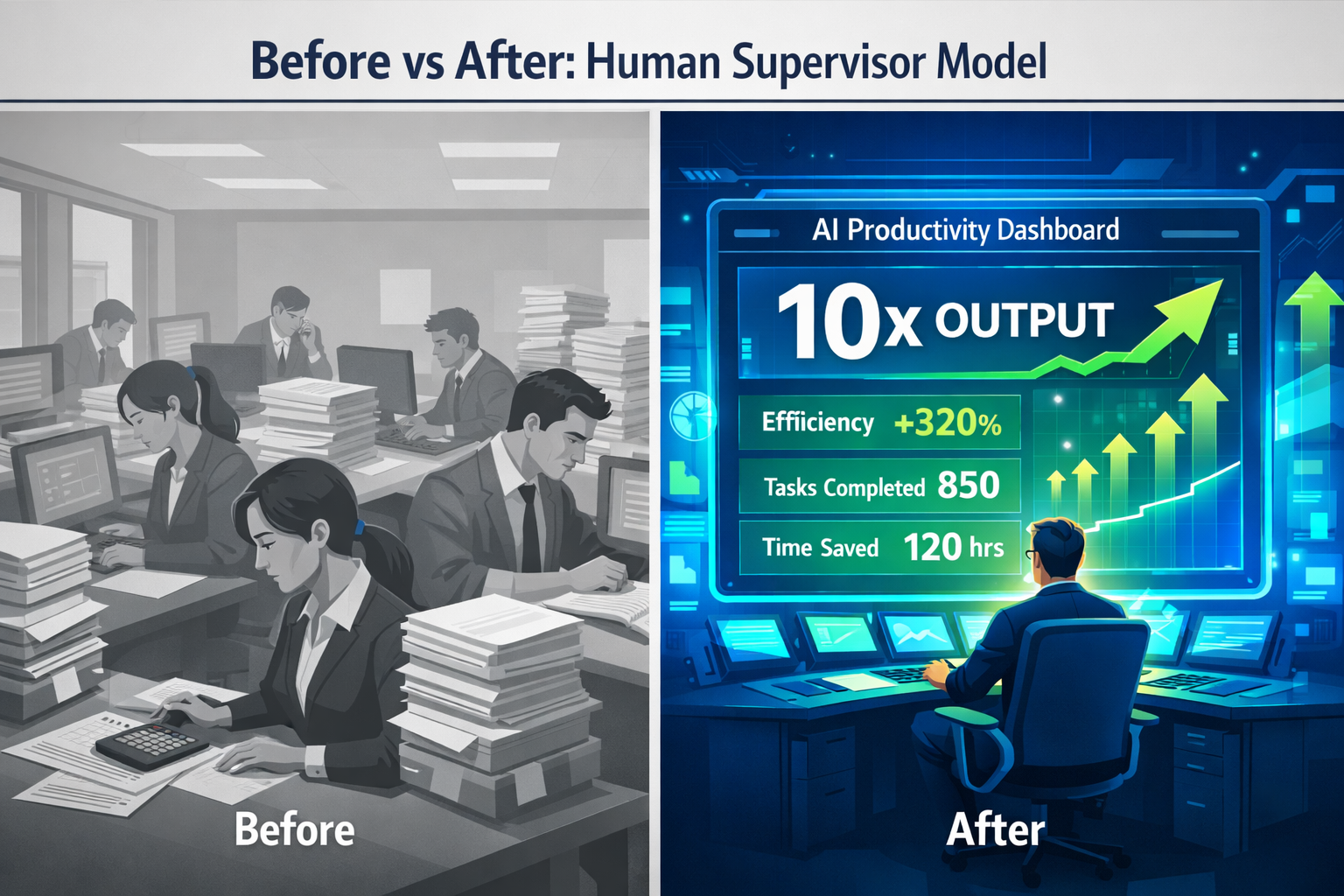 () split-screen comparison graphic showing left side: traditional office with multiple employees doing repetitive tasks at