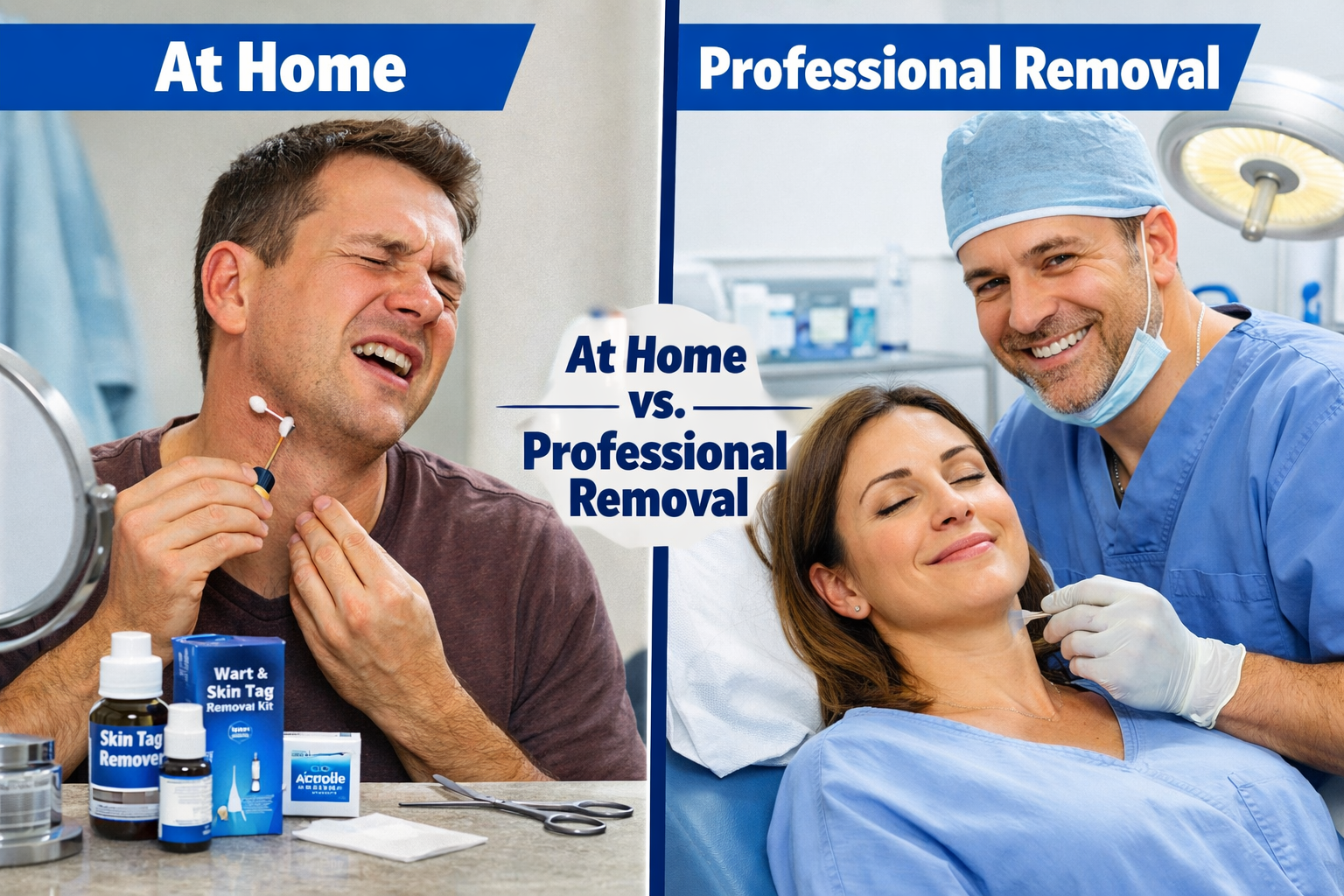 () split-screen comparison image: left side shows a person attempting DIY skin tag removal at home with over-the-counter