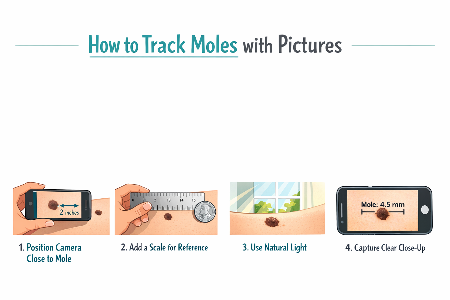 () step-by-step photo guide illustration showing four sequential panels: (1) person positioning phone camera 2 inches from
