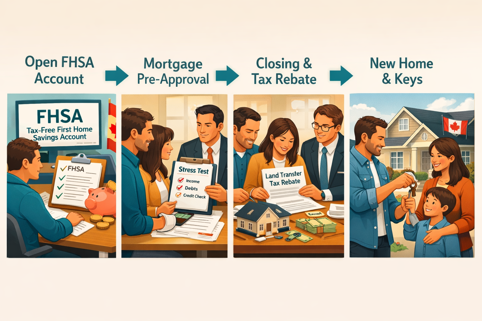 () step-by-step visual checklist showing a Canadian first-time home buyer's journey: starting with FHSA account setup,