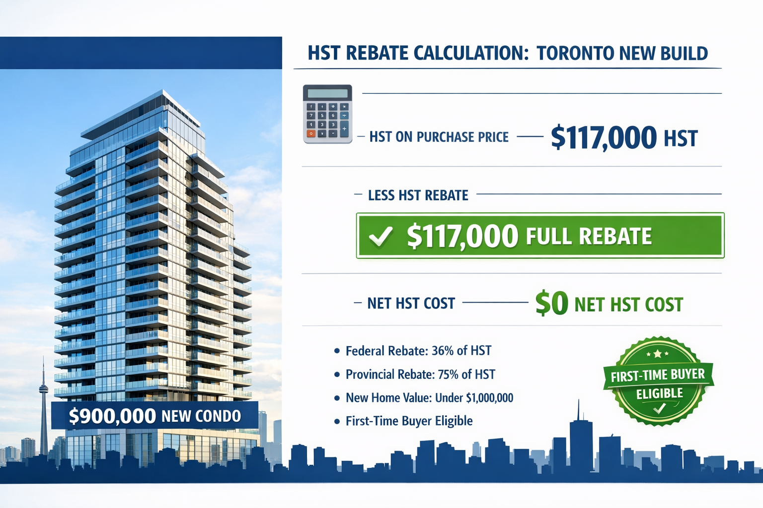 Detailed () infographic-style image showing HST rebate calculation breakdown for Toronto new builds. Split-screen