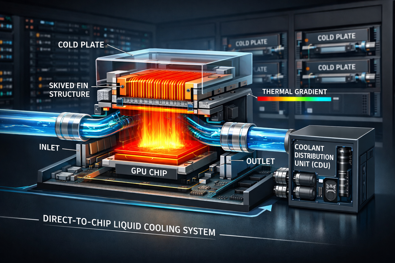 Detailed () technical illustration showing a cross-section cutaway diagram of a direct-to-chip liquid cooling system: cold