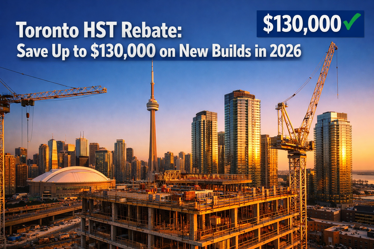 Professional () hero image featuring 'Toronto HST Rebate: Save Up to Toronto skyline with new construction developments30,000 on New Builds in 2026' in extra large white