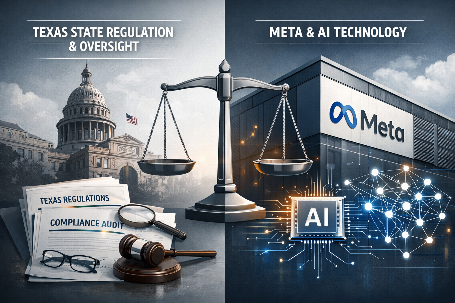 Split-scene infographic showing left side: Texas state regulatory documents and government building exterior representing