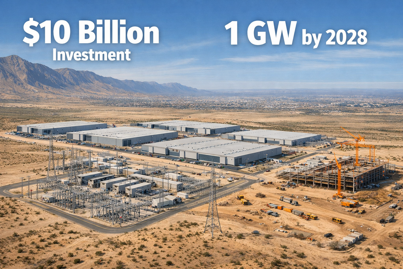 Wide aerial perspective illustration of the El Paso Texas desert region showing a sprawling 1-gigawatt data center campus