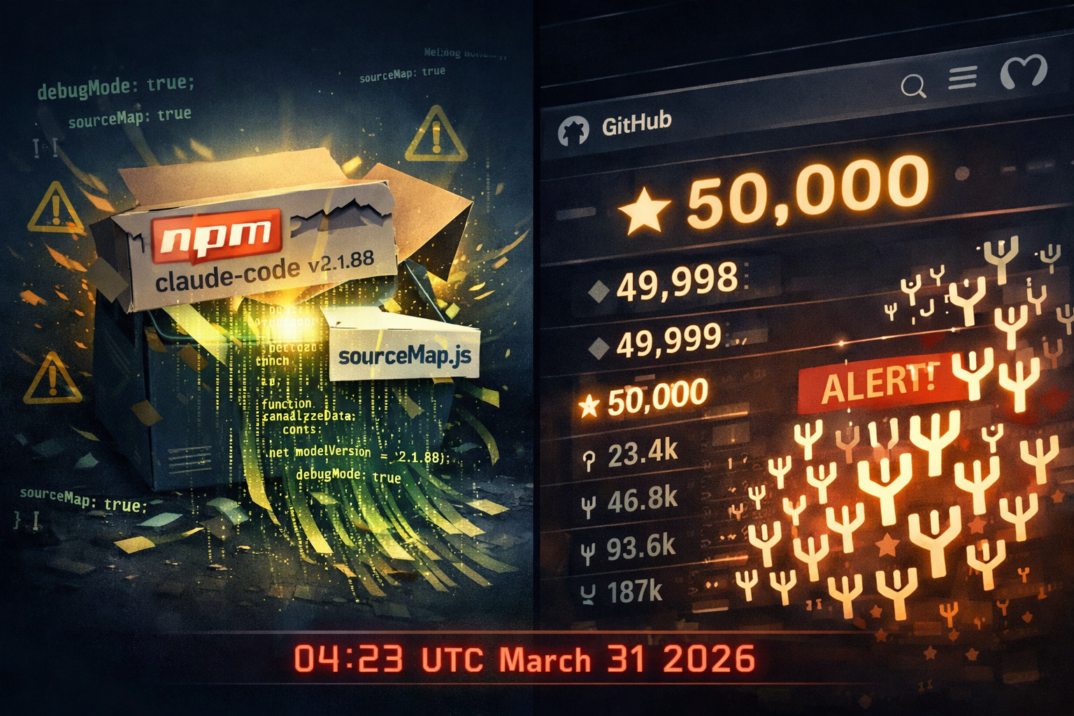 Wide-angle () split-screen editorial illustration: left side shows a glowing npm registry package icon labeled 'claude-code