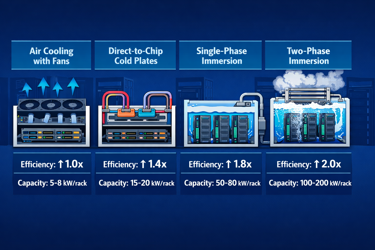 Wide () technical illustration showing a cross-section comparison diagram of four cooling architectures side by side: