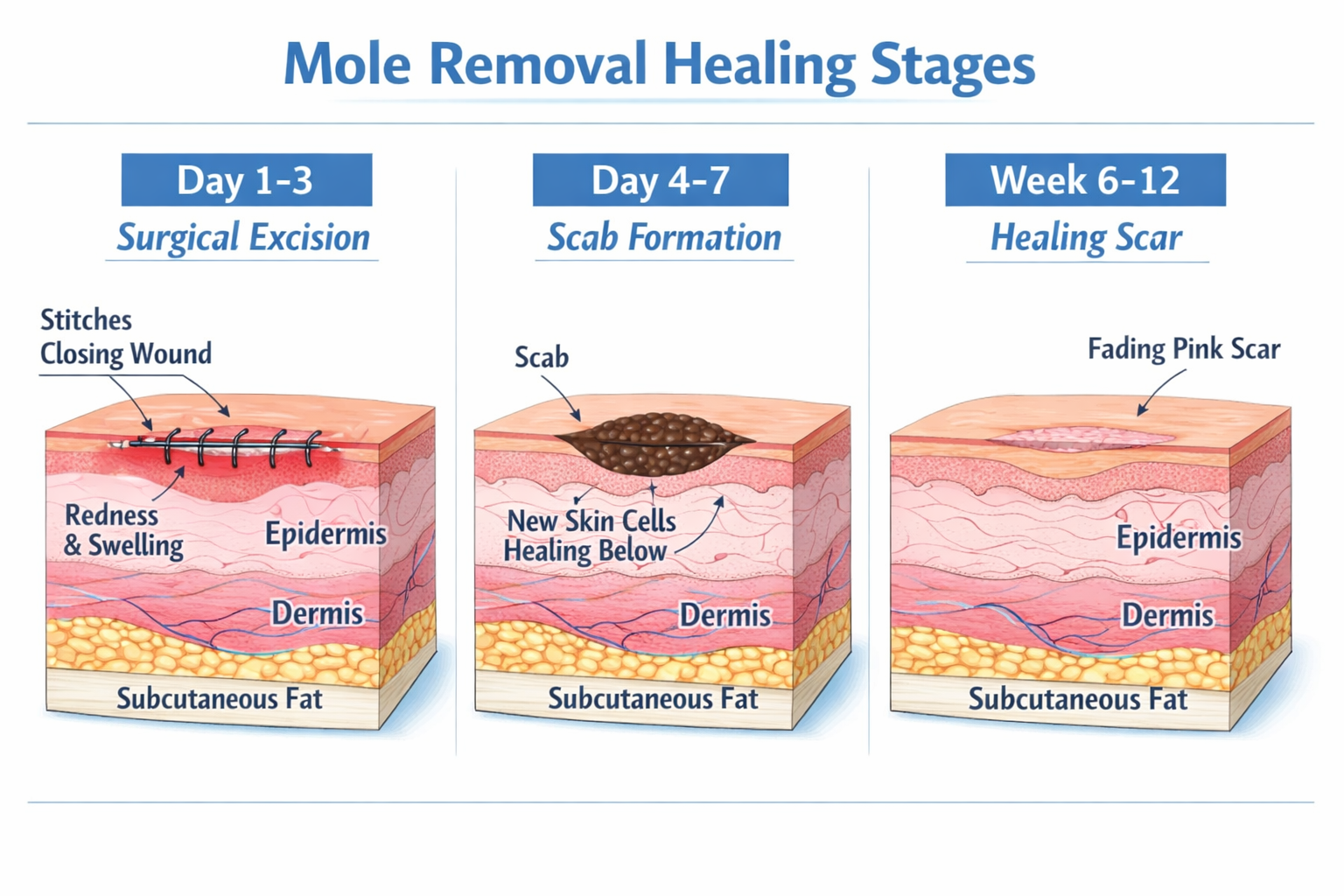 () detailed medical illustration-style infographic showing a skin cross-section timeline diagram of mole removal healing