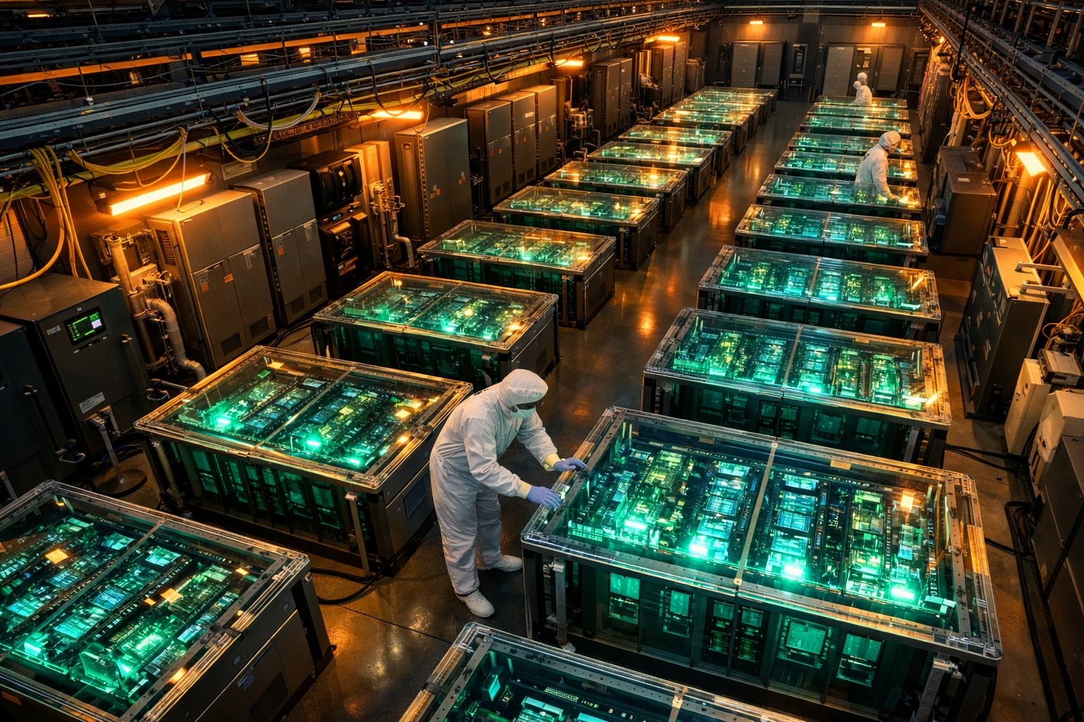 () dramatic overhead bird's-eye view of a hyperscale AI data center floor showing rows of immersion cooling tanks filled