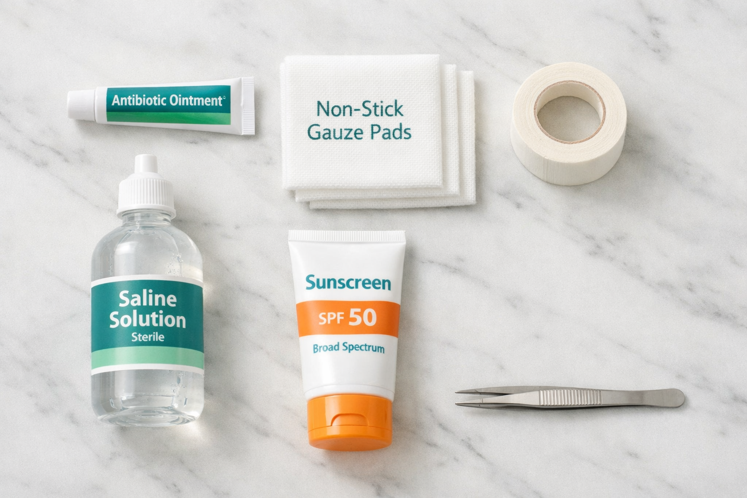 () top-down flat lay photograph of a clean white marble surface displaying organized mole removal aftercare essentials: a