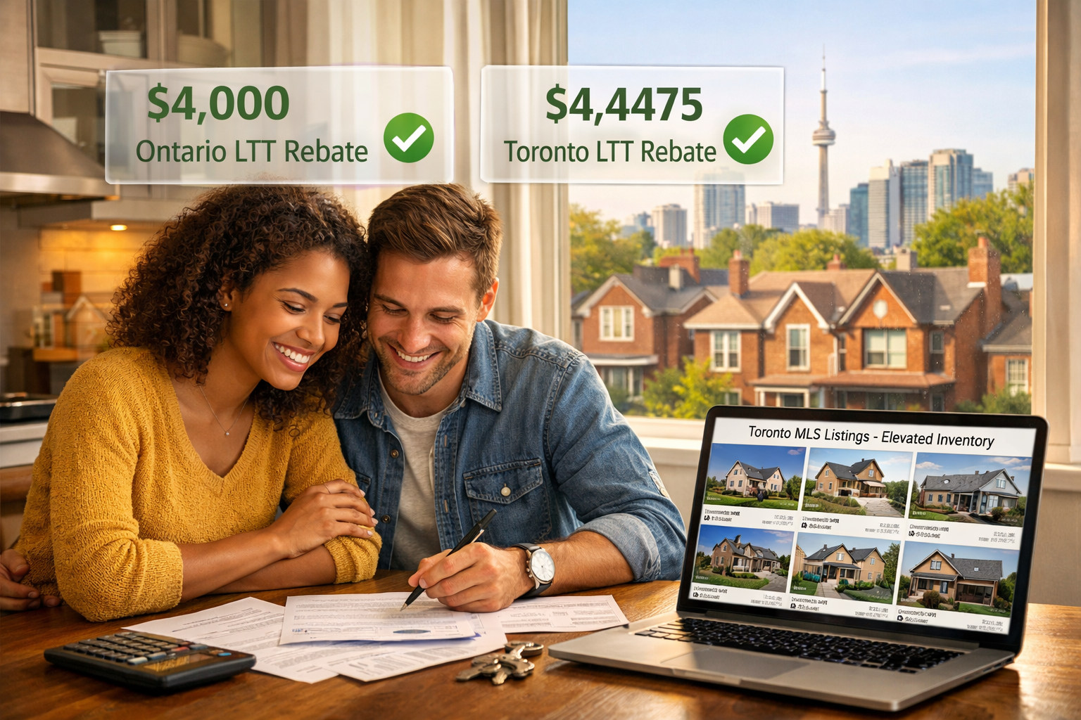 () warm, optimistic scene showing young diverse couple (first-time buyers) sitting at modern kitchen table with laptop,