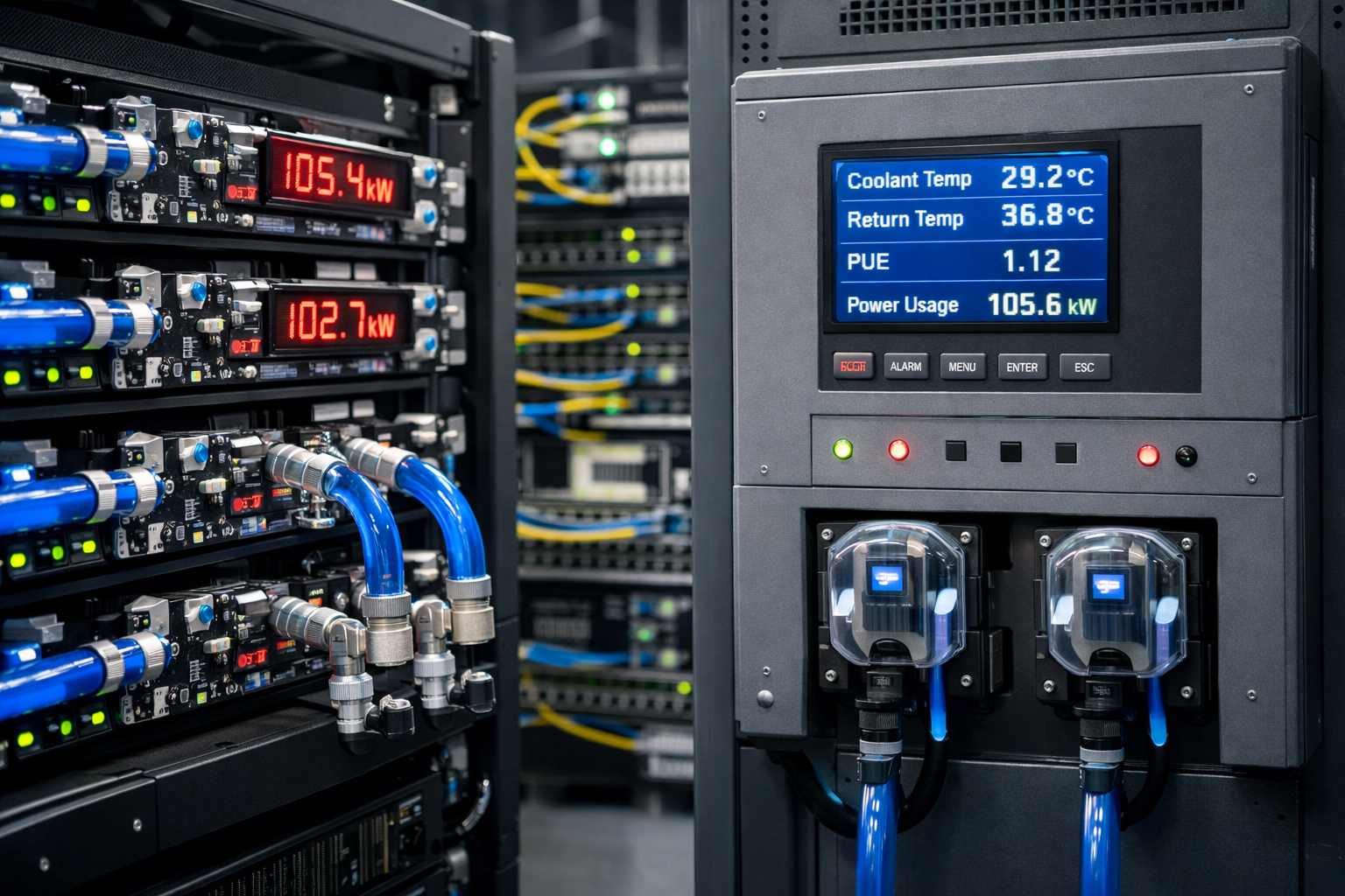 () wide-angle shot of a compact edge AI infrastructure deployment in a telecommunications facility: small-form-factor server